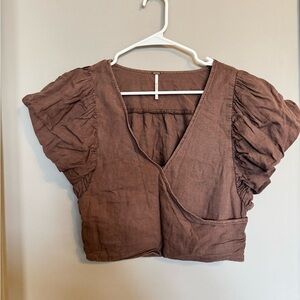 Free People Brown Ruffled Sleeved Wrapped V-Neck Cropped Women’s Blouse Top